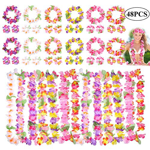 Cooraby 32 Pieces Hawaiian Leis Tropical Hawaiian Garlands with 16 Bracelets 8 Headbands and 8 Necklaces for Luau Party Supplies